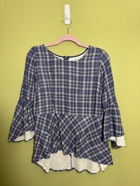 Kensie Navy and White Plaid Bell-Sleeve Peplum Top